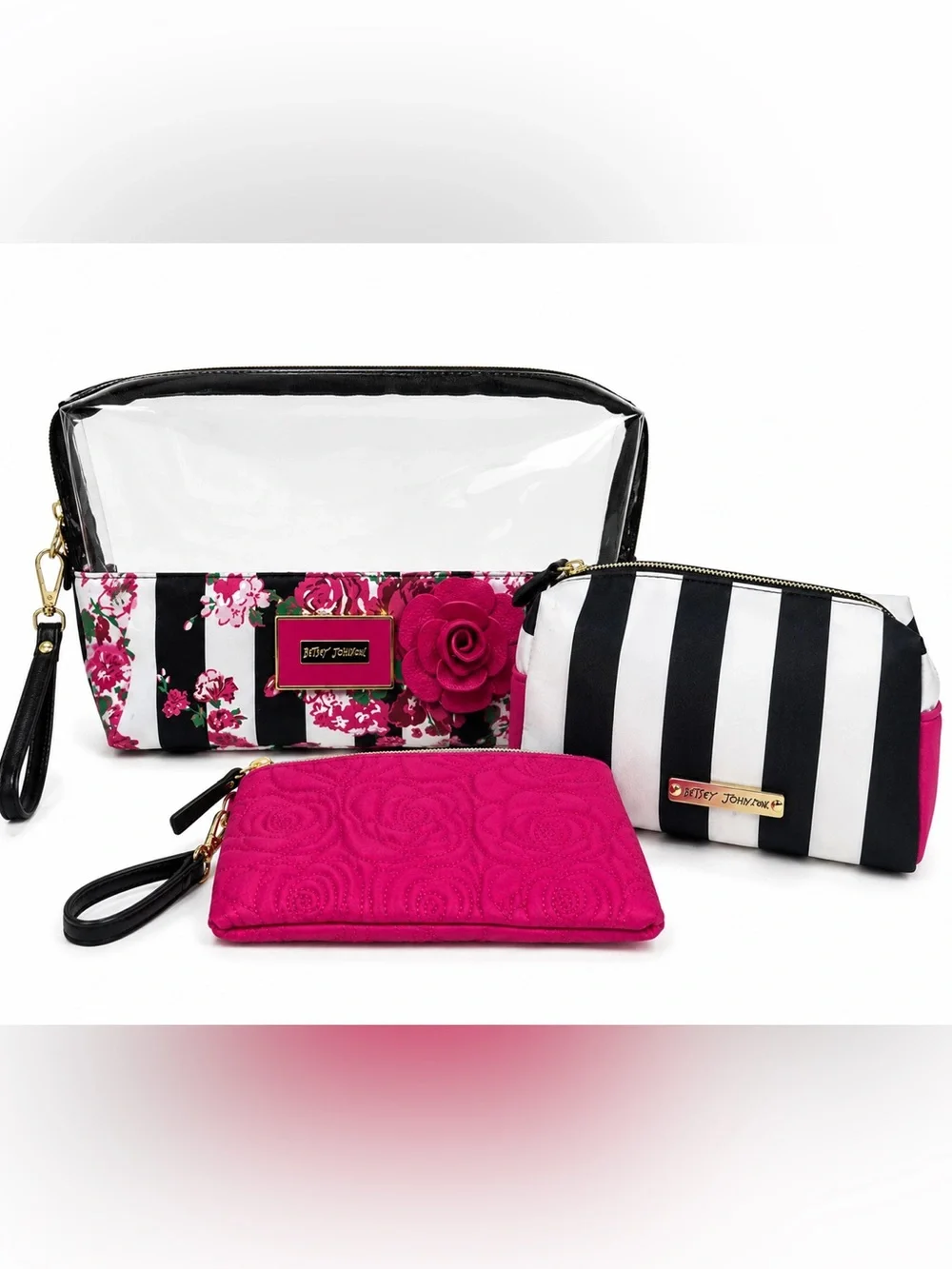 Betsey Johnson 3 Piece Travel Cosmetic Bag Set Pink Floral Black & White Stripe
